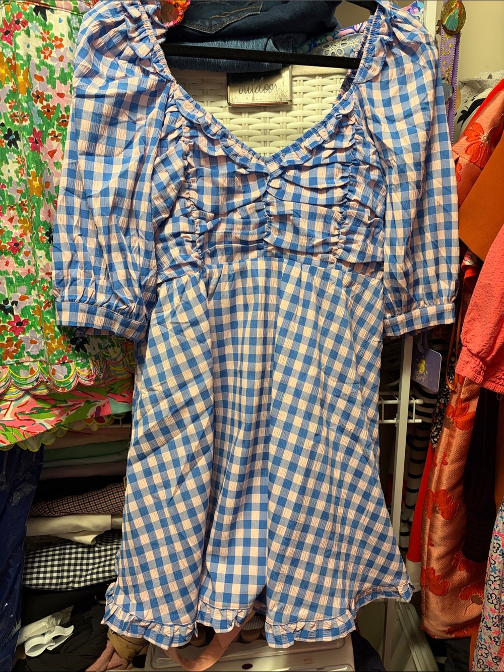 Buddy Love Blue and White Gingham Puff Sleeve Midi Dress